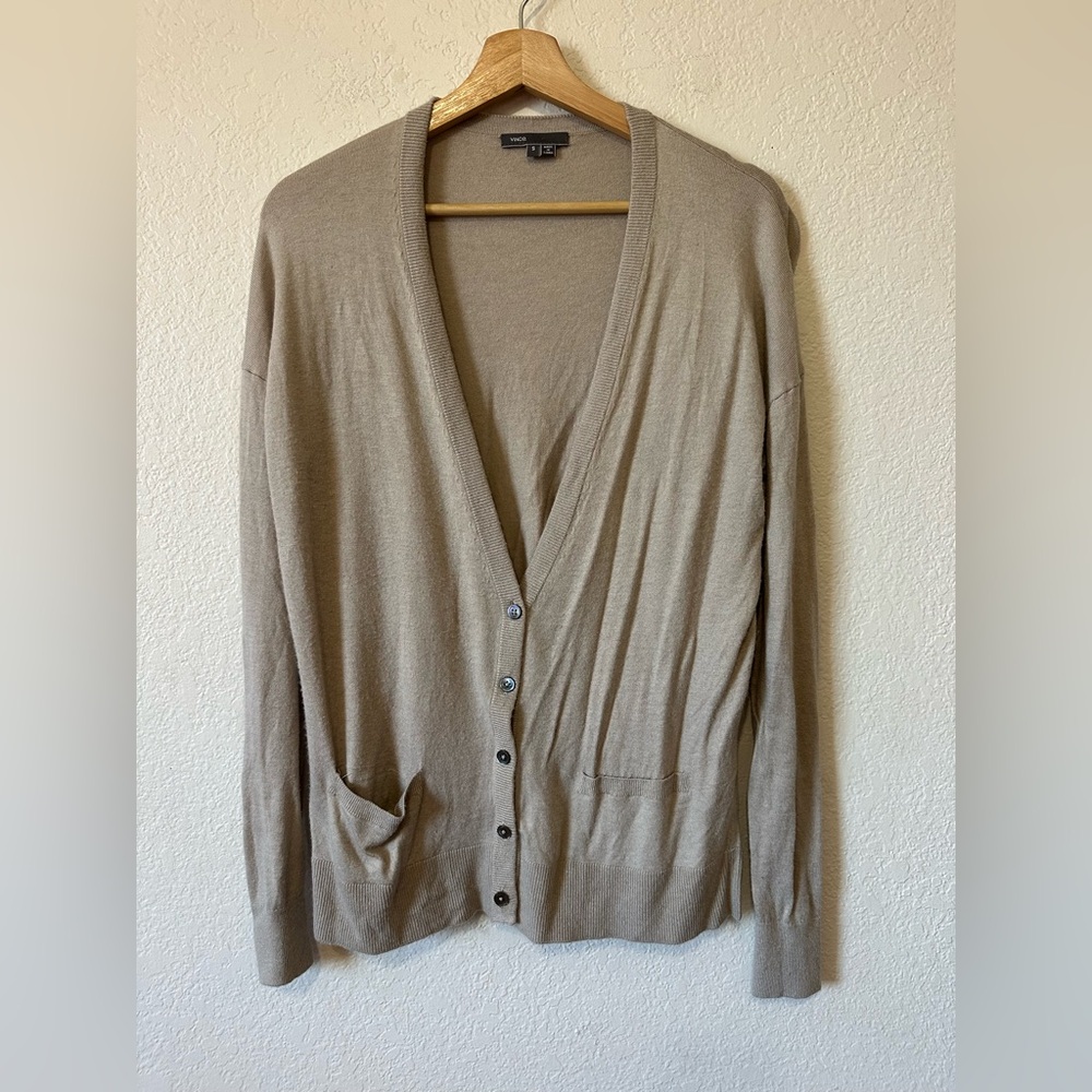 Vince Cashmere Blend V Neck Tan Cardigan With Pockets - Size Small